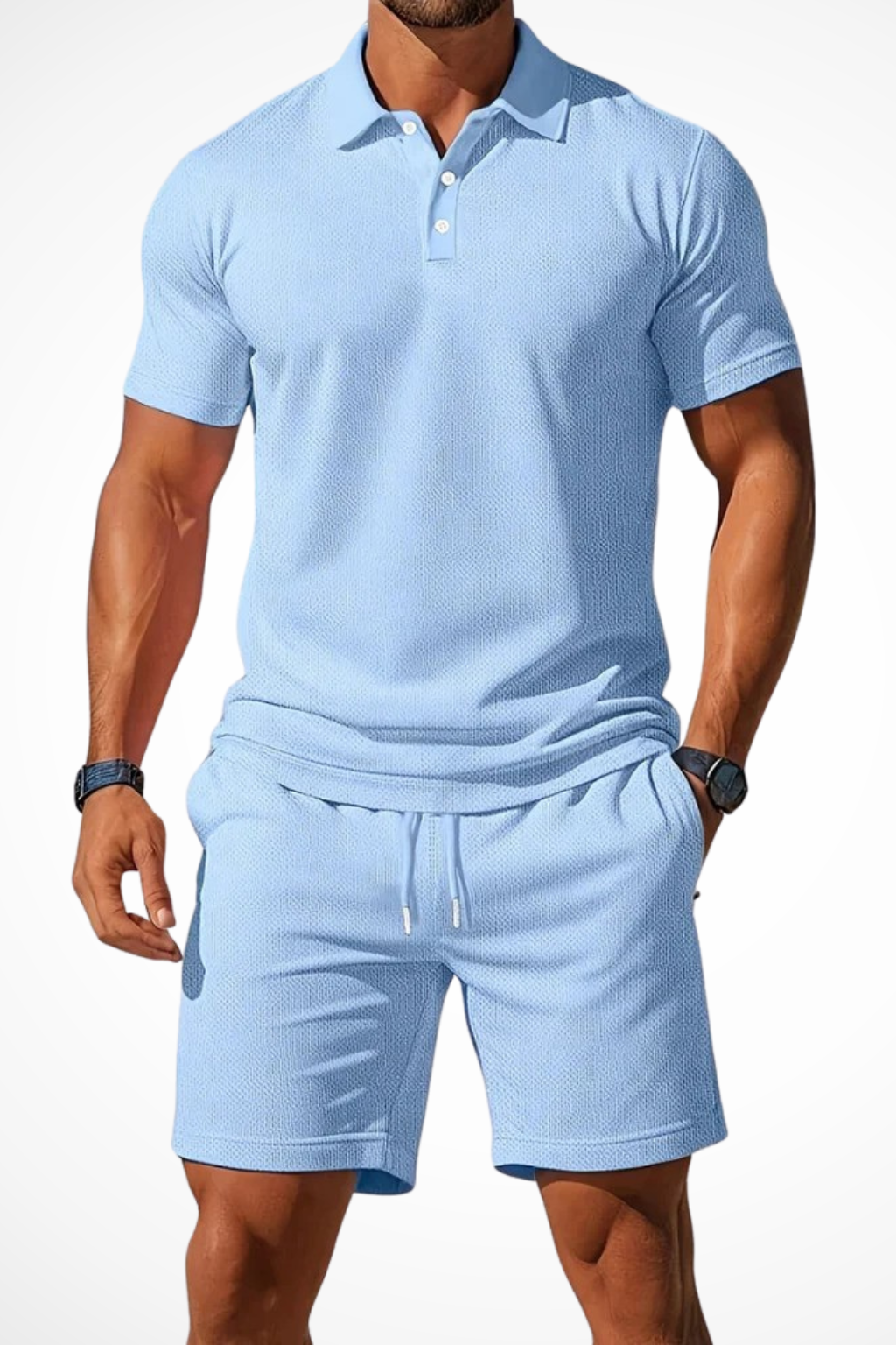 Men Textured Polo and Shorts Summer Set