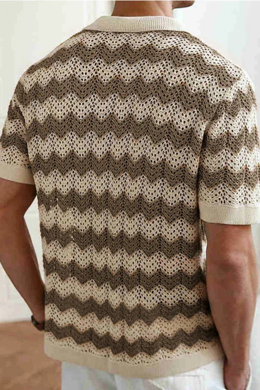Men Short Sleeve Button Front Zigzag Crochet Knit Polo Shirt
