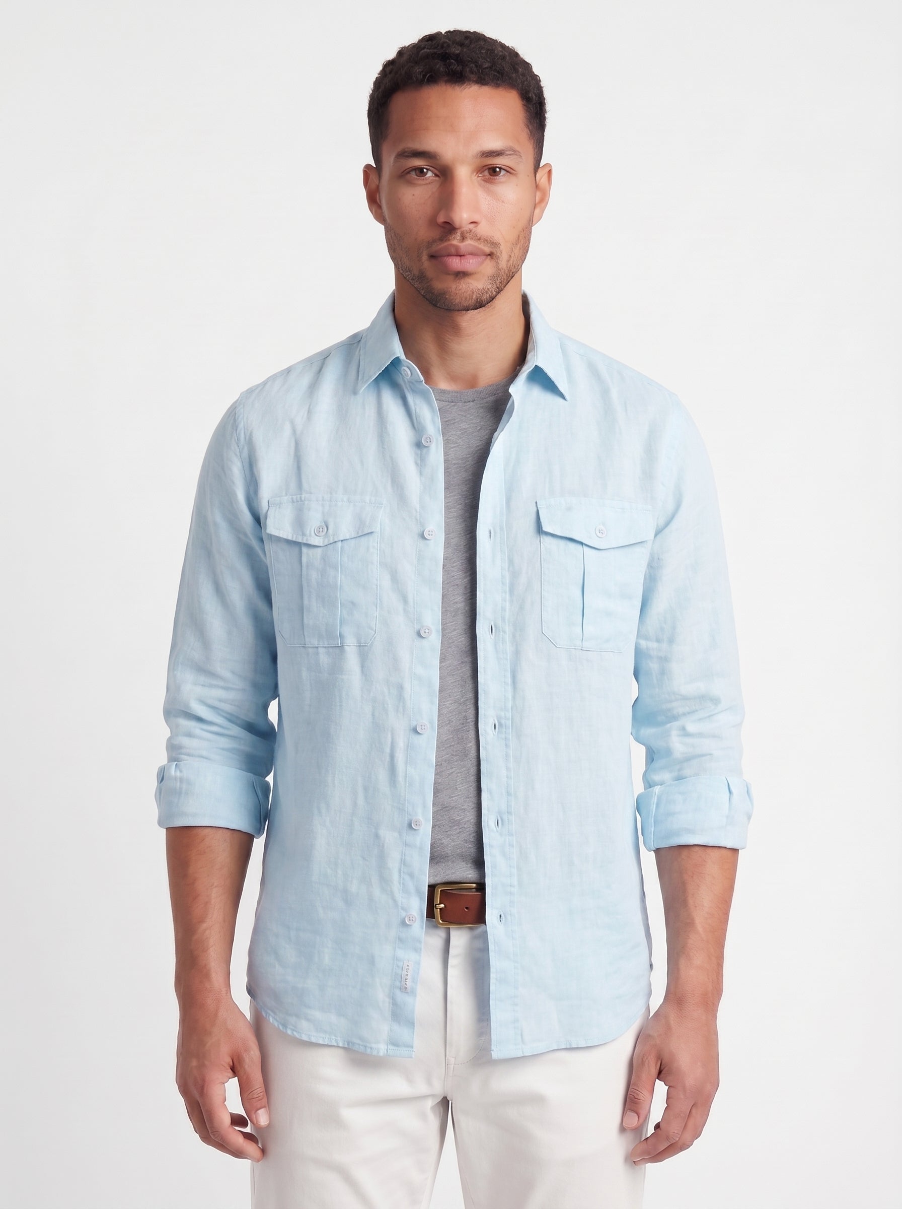 Dean | Casual Linen Button Up Collared Long Sleeve Shirt with Chest Pockets