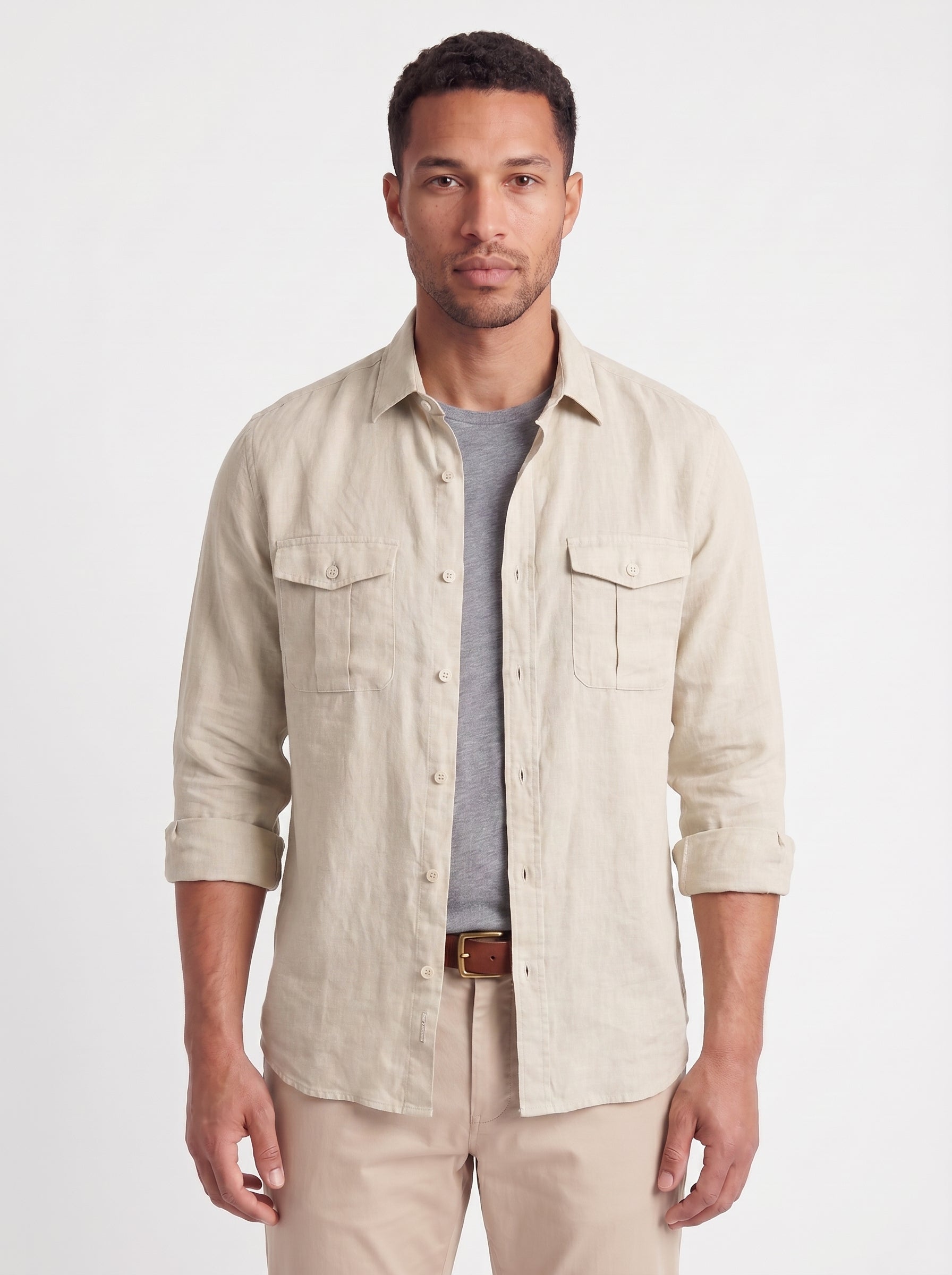 Dean | Casual Linen Button Up Collared Long Sleeve Shirt with Chest Pockets