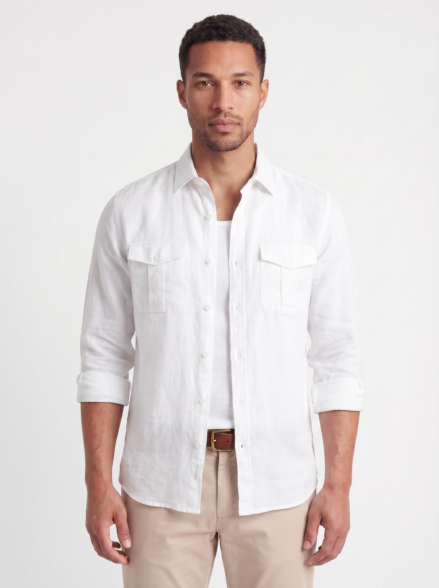 Dean | Casual Linen Button Up Collared Long Sleeve Shirt with Chest Pockets