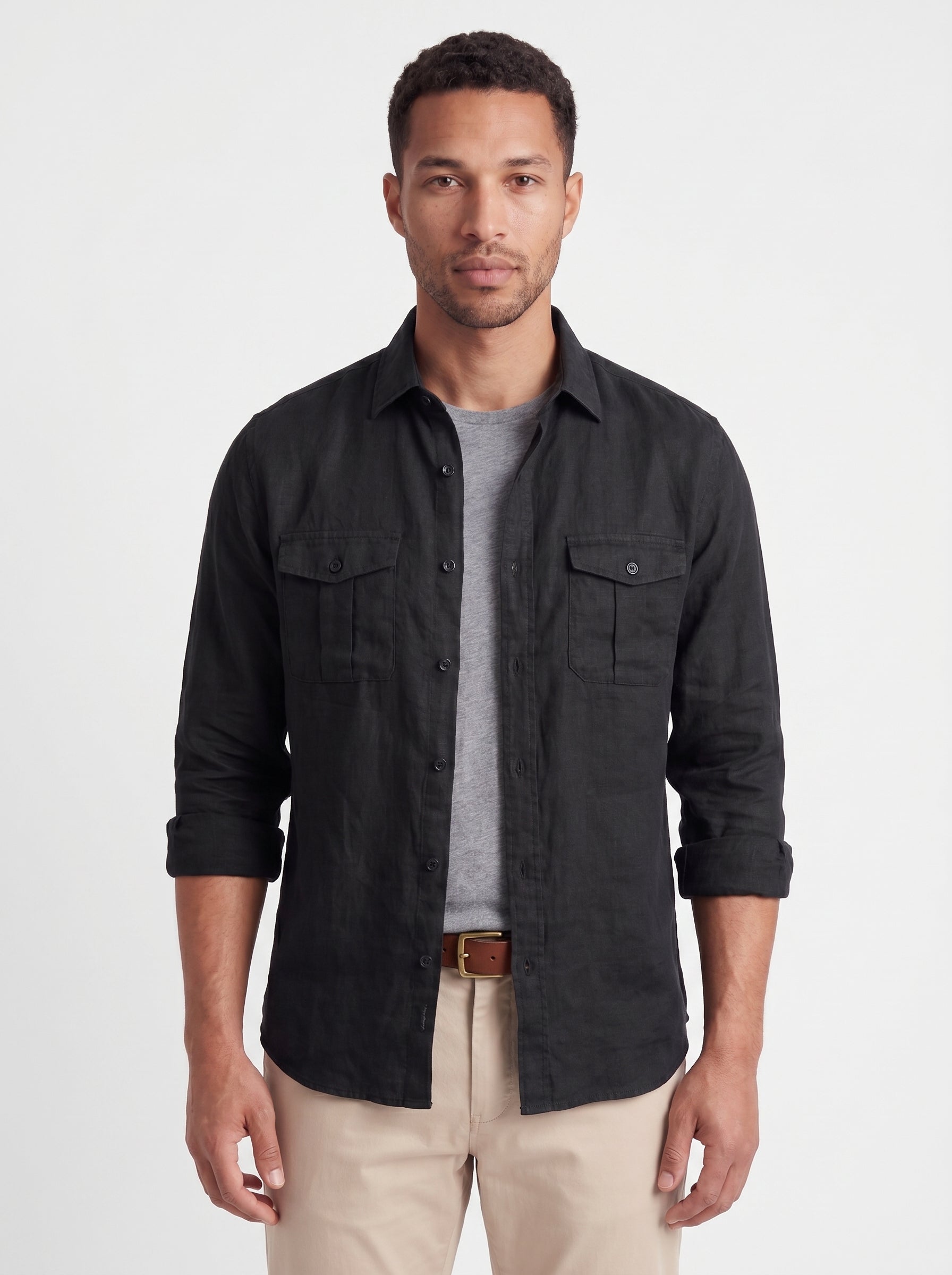Dean | Casual Linen Button Up Collared Long Sleeve Shirt with Chest Pockets