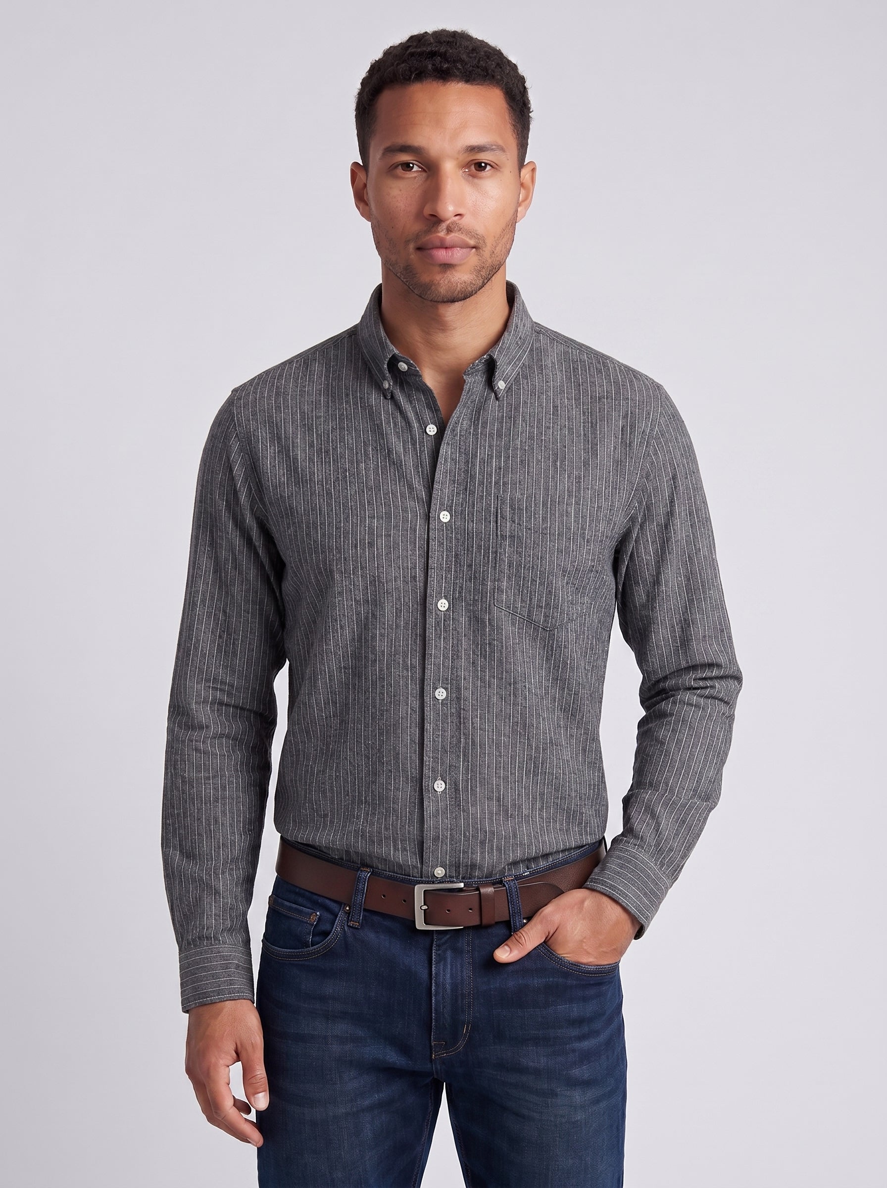 Eli | Crisp Striped Button Up Collared Long Sleeve Dress Shirt
