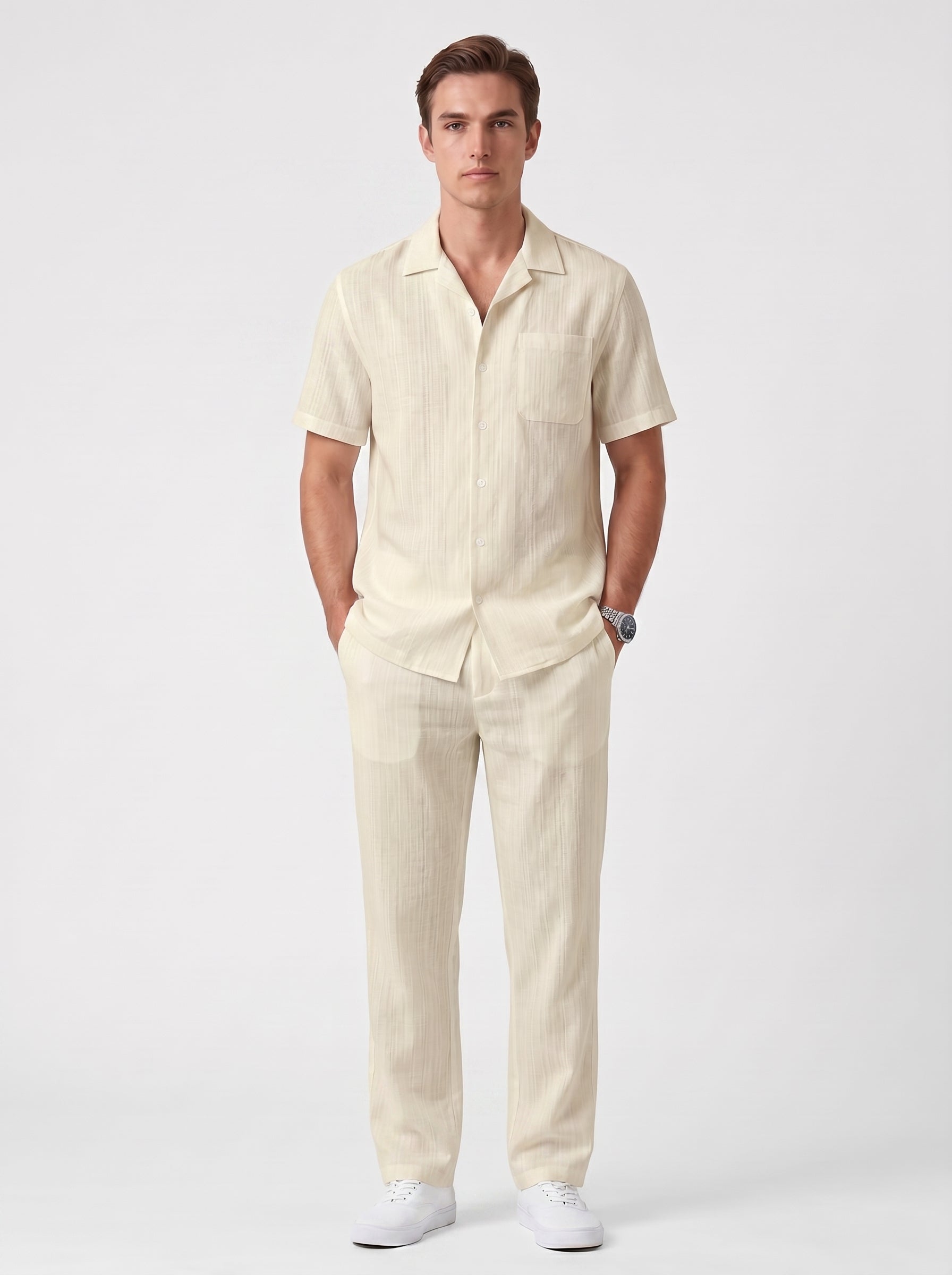 Ferdi | Effortless Striped Button Up Short Sleeve Shirt & Pants Two Piece Set