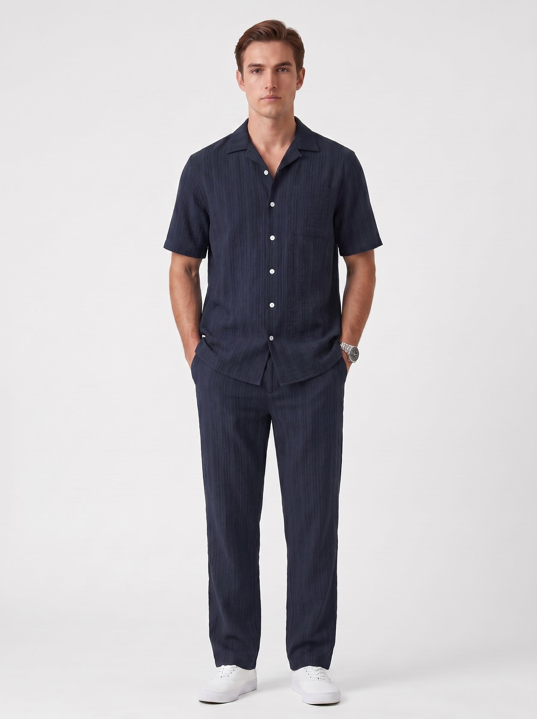 Ferdi | Effortless Striped Button Up Short Sleeve Shirt & Pants Two Piece Set