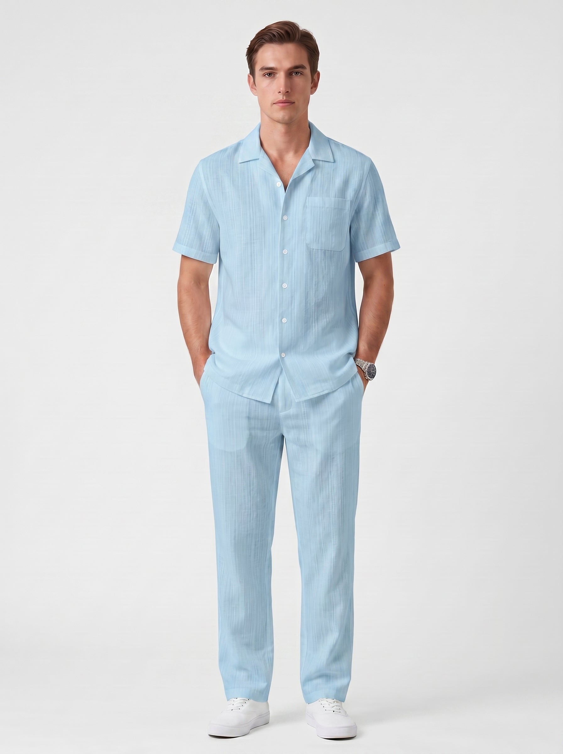 Ferdi | Effortless Striped Button Up Short Sleeve Shirt & Pants Two Piece Set