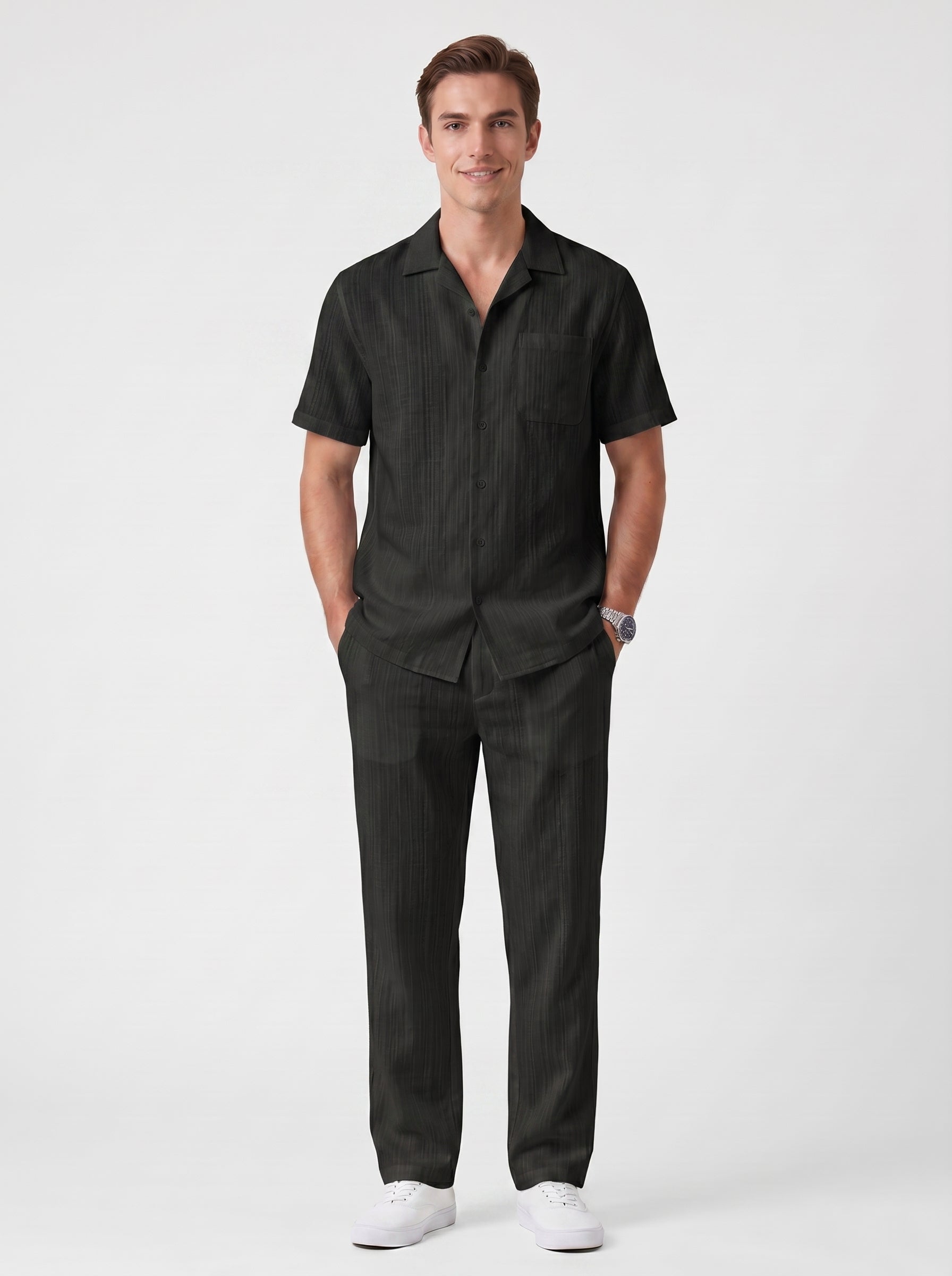 Ferdi | Effortless Striped Button Up Short Sleeve Shirt & Pants Two Piece Set