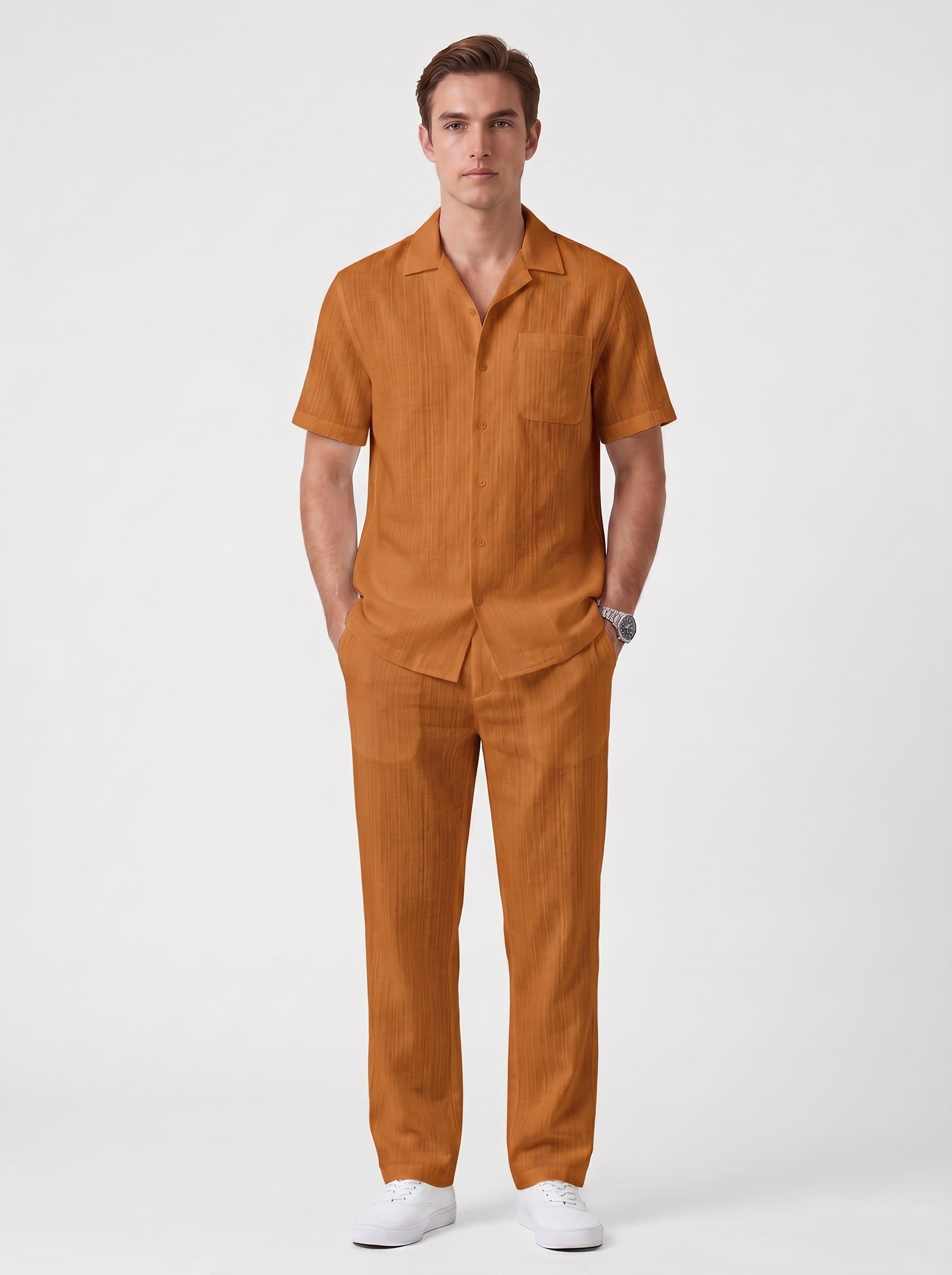 Ferdi | Effortless Striped Button Up Short Sleeve Shirt & Pants Two Piece Set