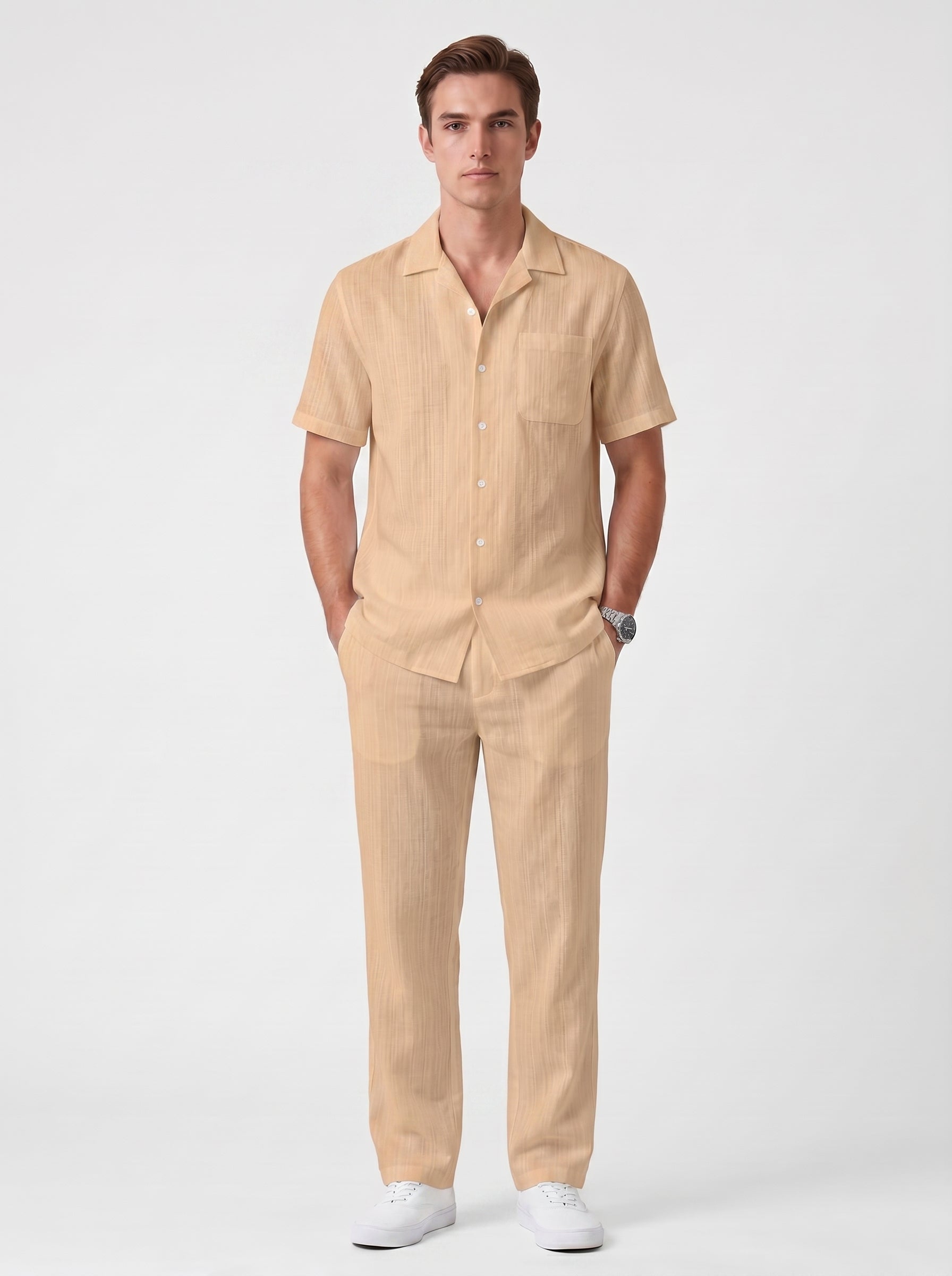 Ferdi | Effortless Striped Button Up Short Sleeve Shirt & Pants Two Piece Set
