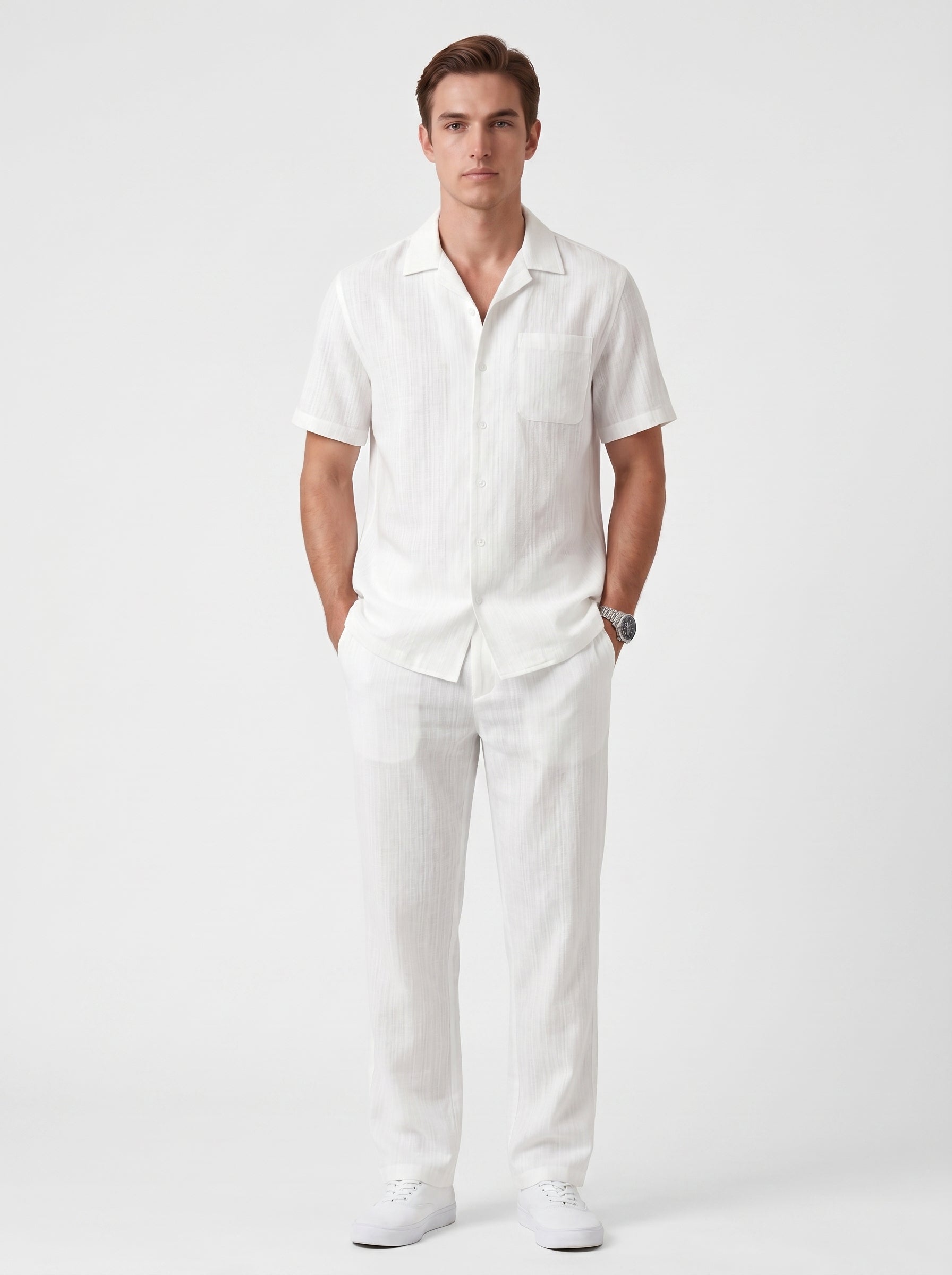 Ferdi | Effortless Striped Button Up Short Sleeve Shirt & Pants Two Piece Set