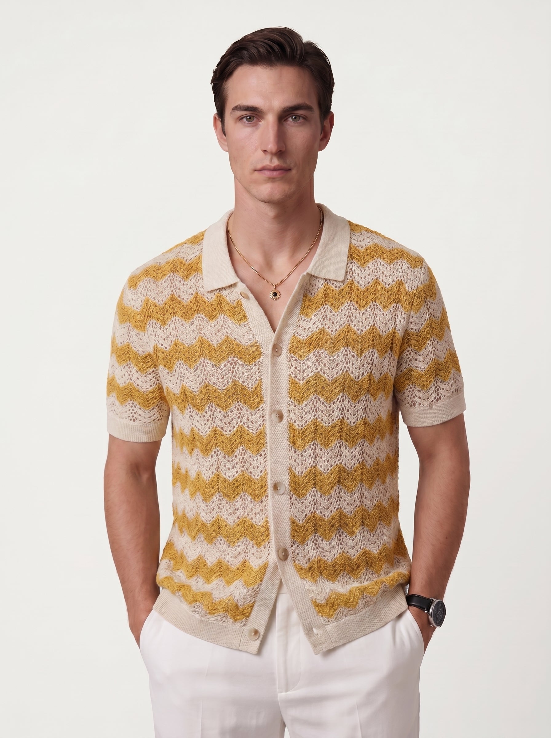 Jace | Stylish Knit Button Up Short Sleeve Polo Shirt with Wave Pattern