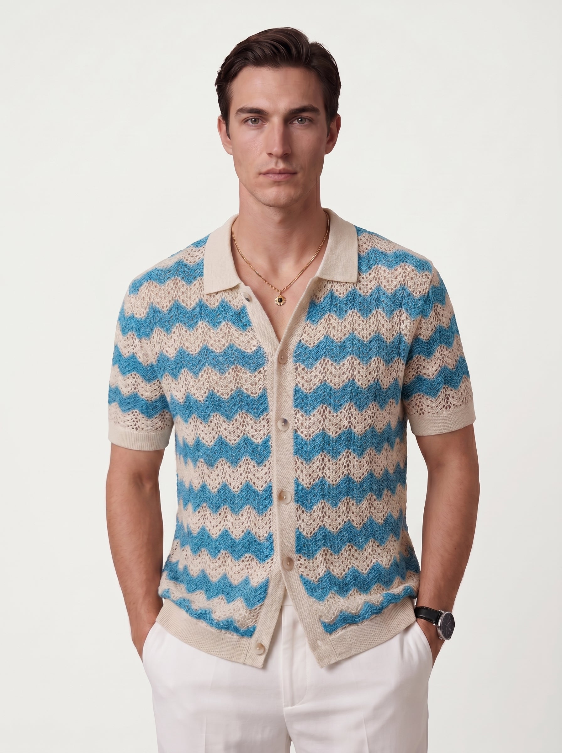 Jace | Stylish Knit Button Up Short Sleeve Polo Shirt with Wave Pattern