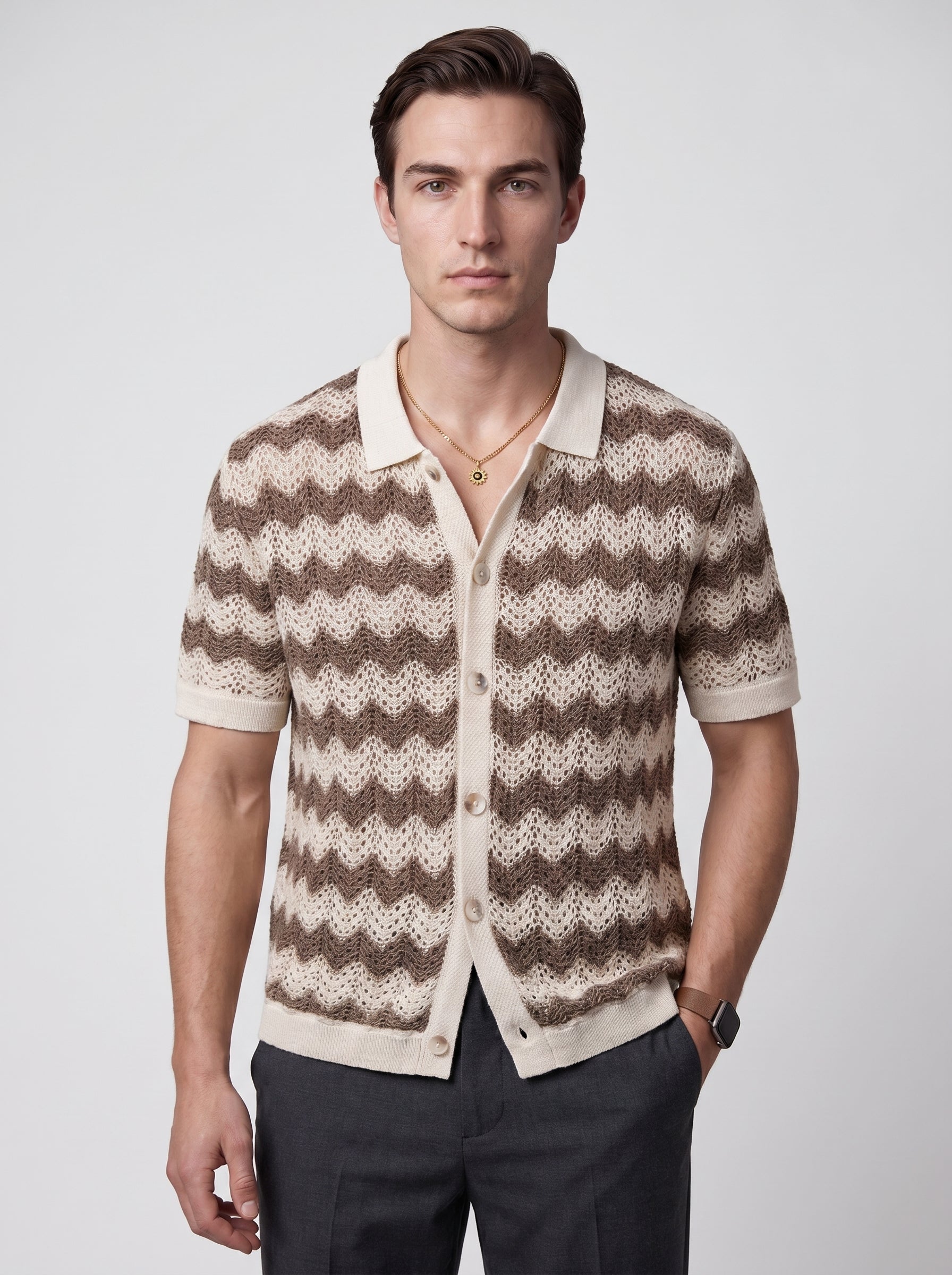 Jace | Stylish Knit Button Up Short Sleeve Polo Shirt with Wave Pattern