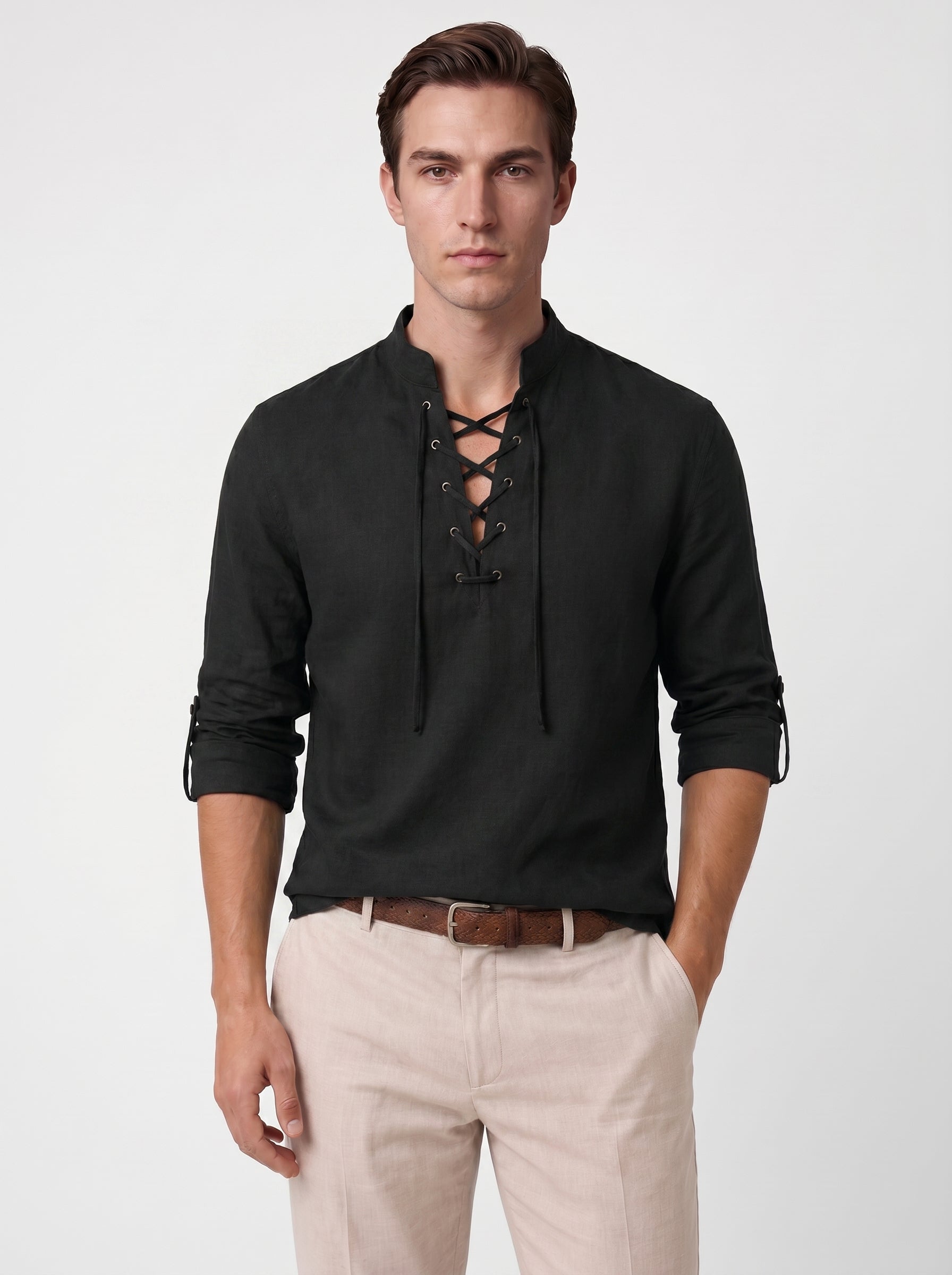 Kai | Relaxed Linen Long Sleeve Lace Up Stand Collar Shirt