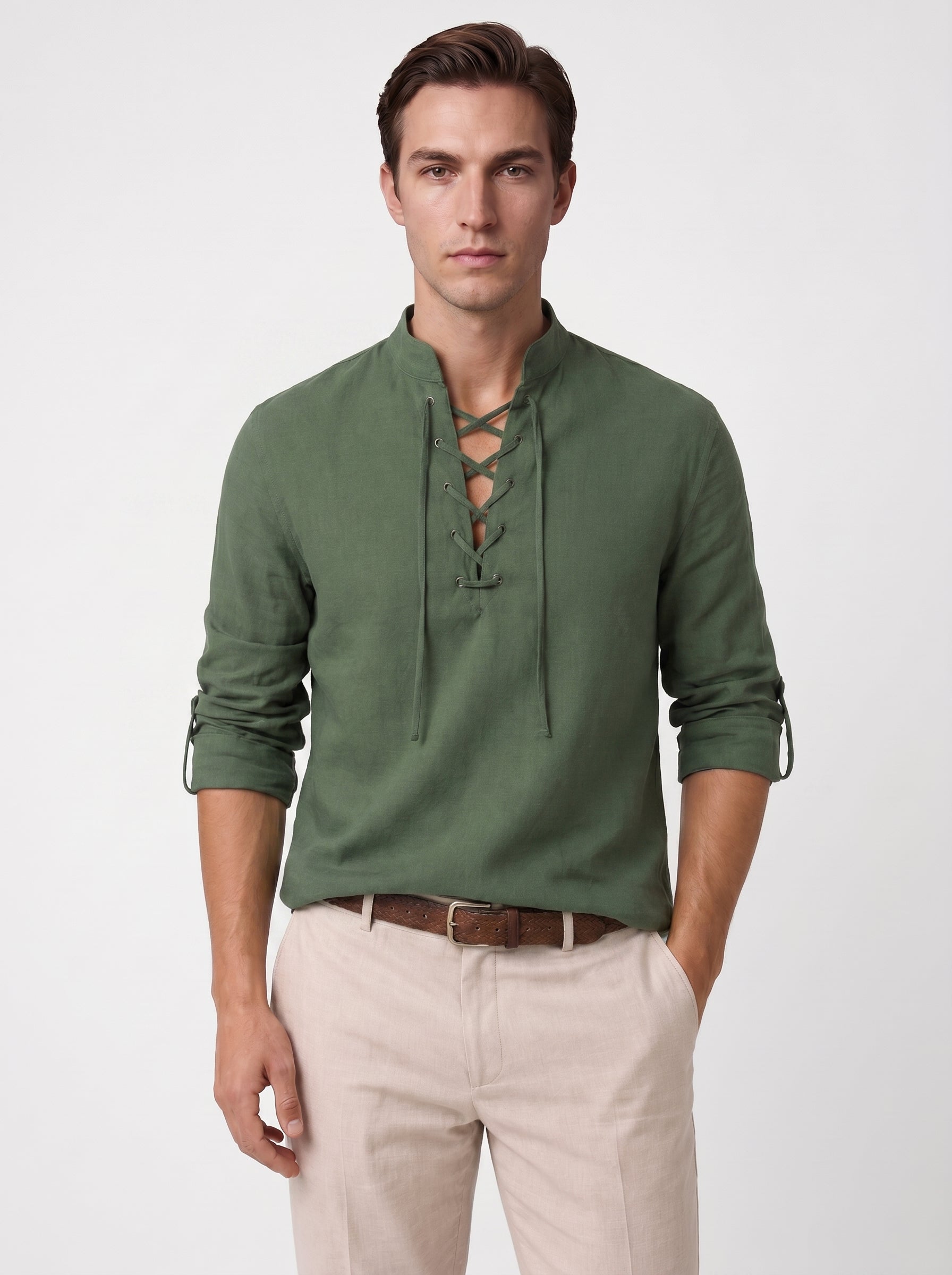 Kai | Relaxed Linen Long Sleeve Lace Up Stand Collar Shirt