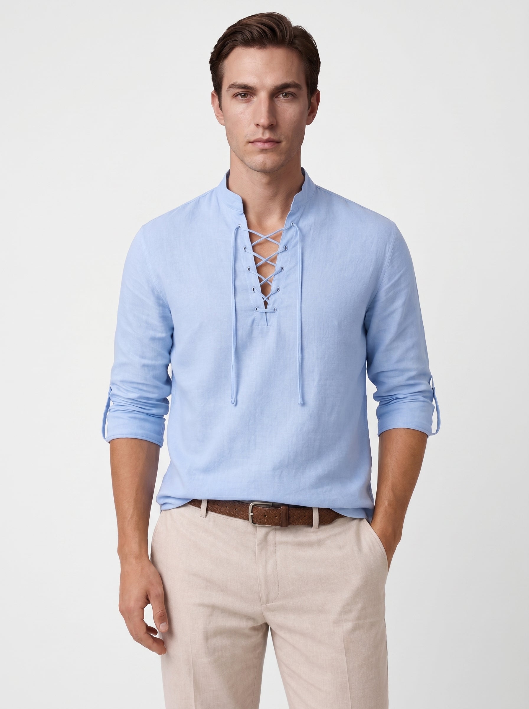 Kai | Relaxed Linen Long Sleeve Lace Up Stand Collar Shirt