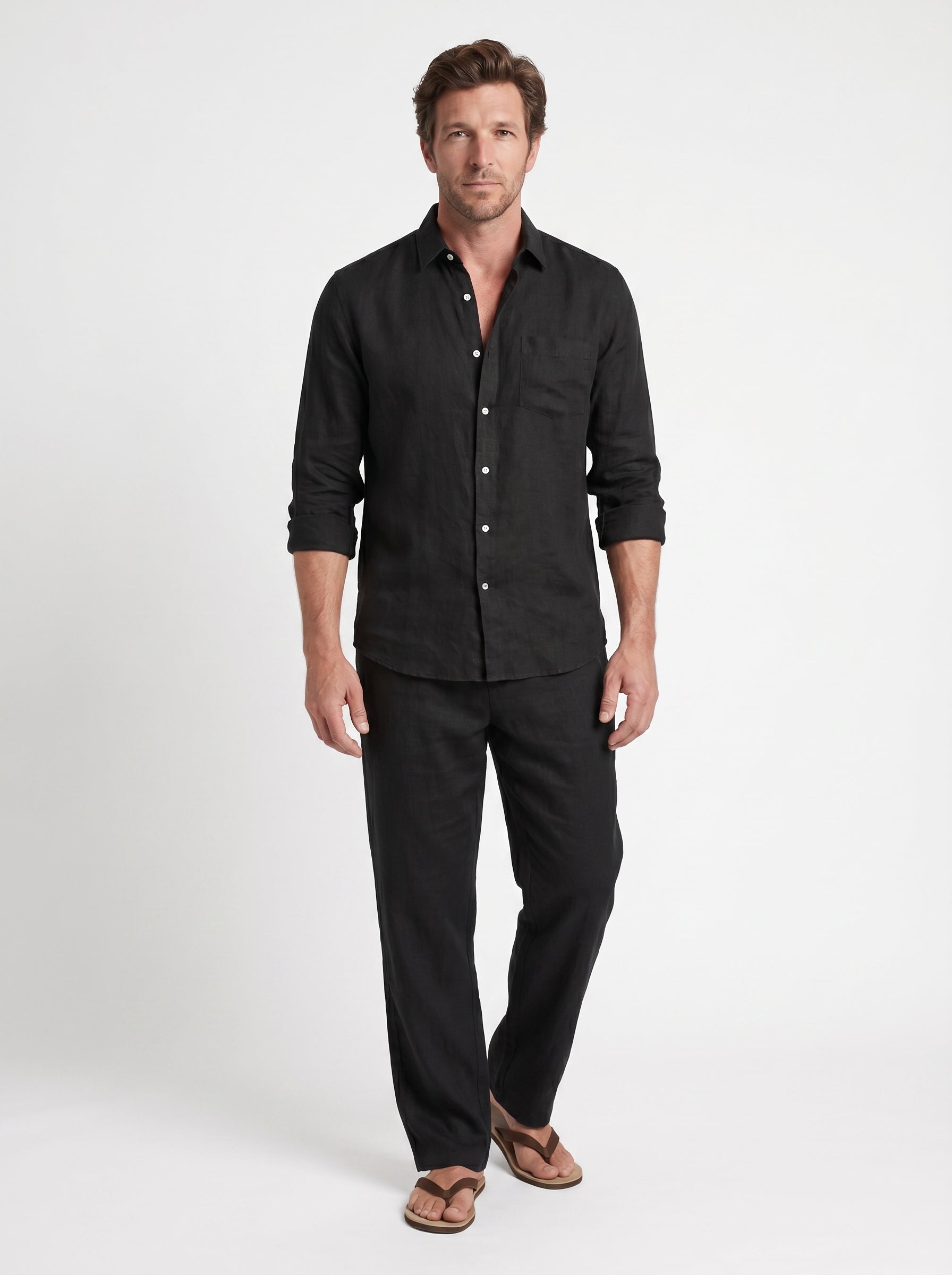 Karl | Easy Linen Button Up Two Piece Matching Set with Band Collar