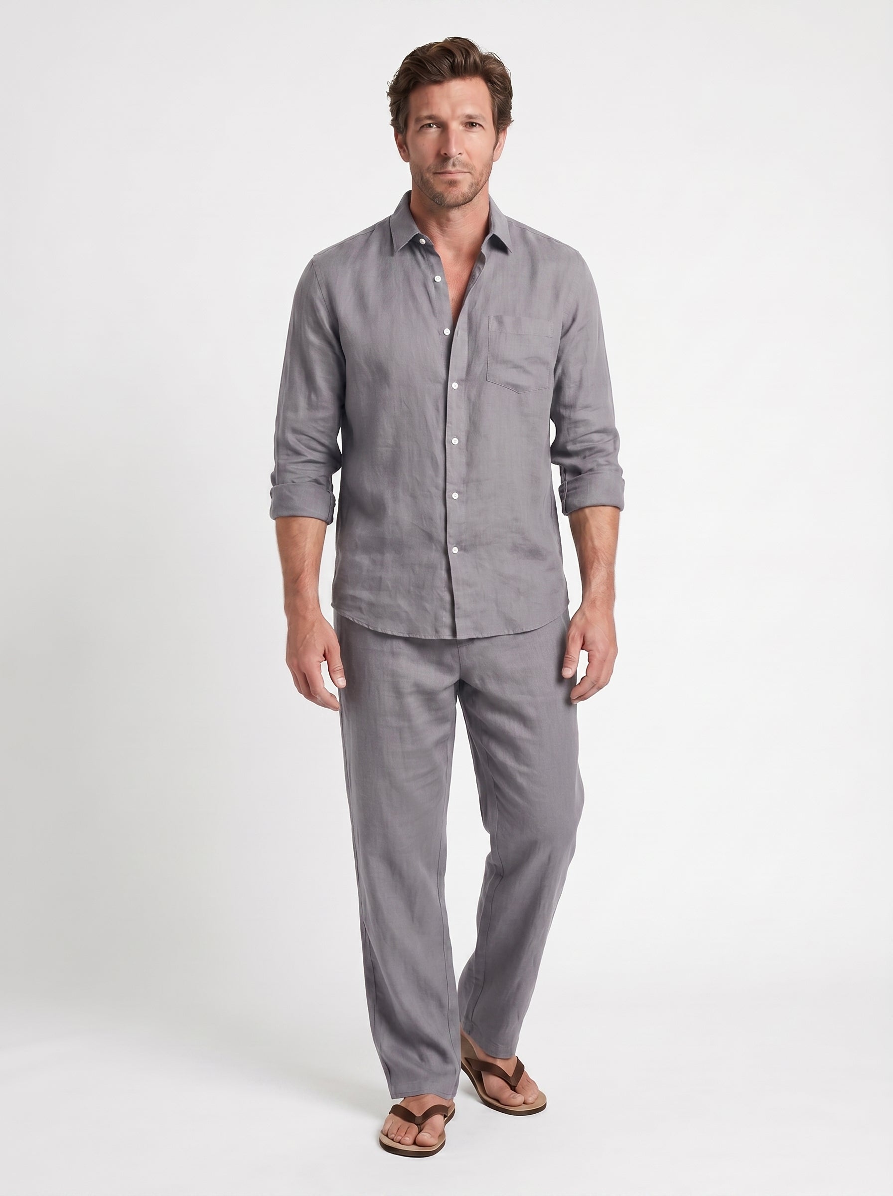 Karl | Easy Linen Button Up Two Piece Matching Set with Band Collar