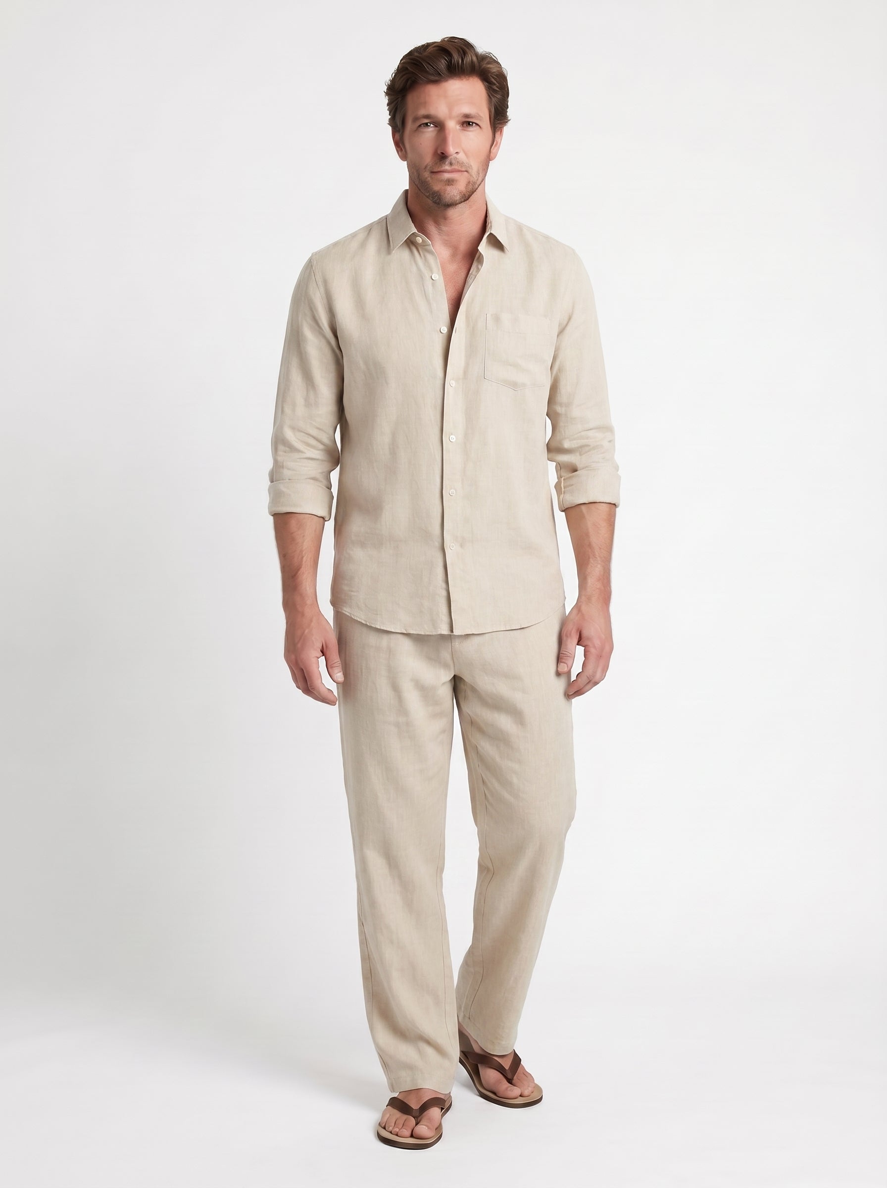 Karl | Easy Linen Button Up Two Piece Matching Set with Band Collar
