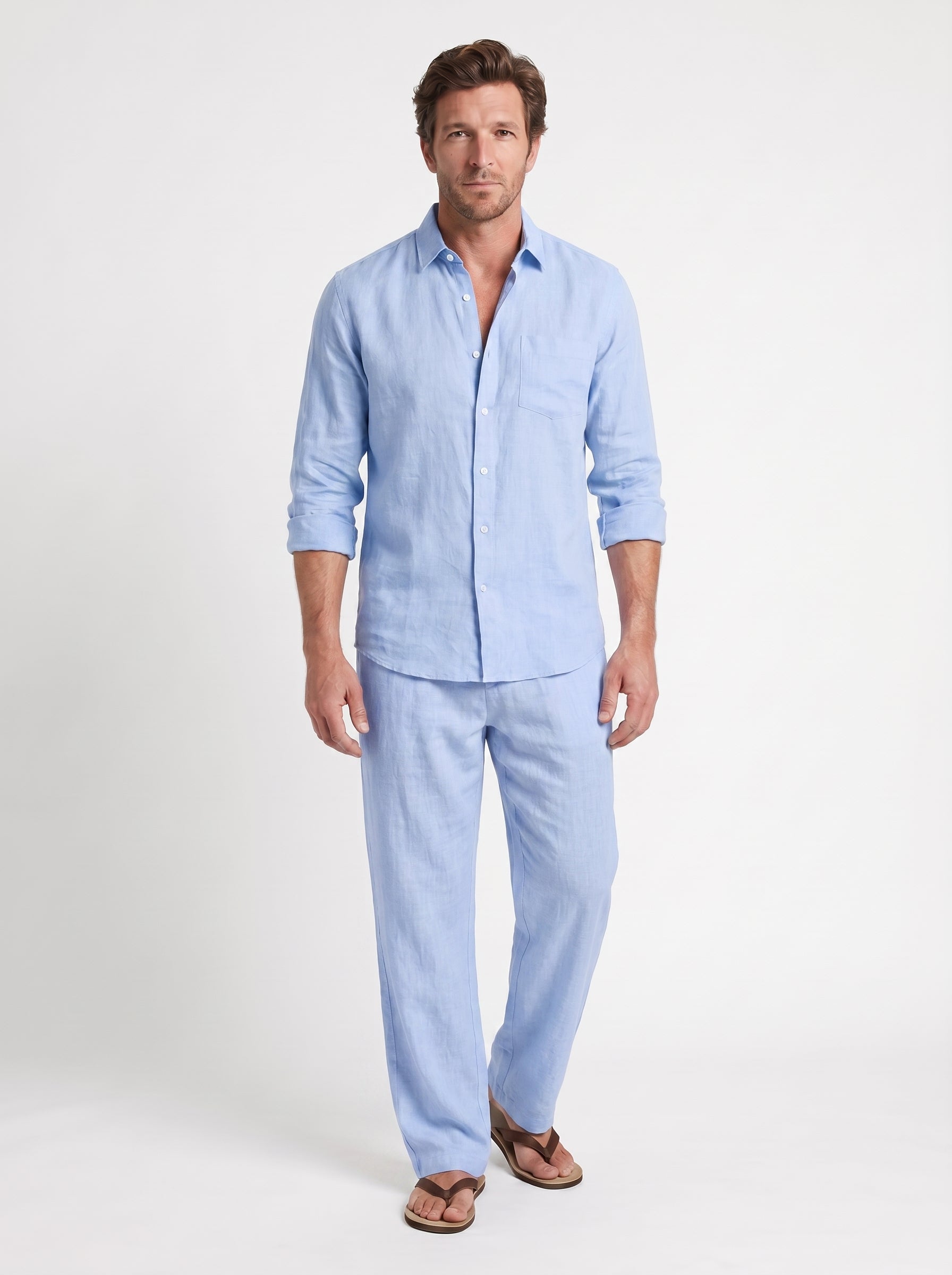 Karl | Easy Linen Button Up Two Piece Matching Set with Band Collar