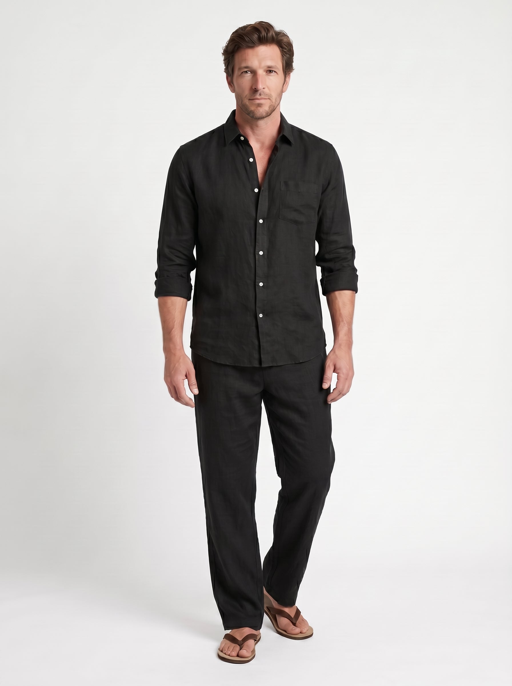Karl | Easy Linen Button Up Two Piece Matching Set with Band Collar