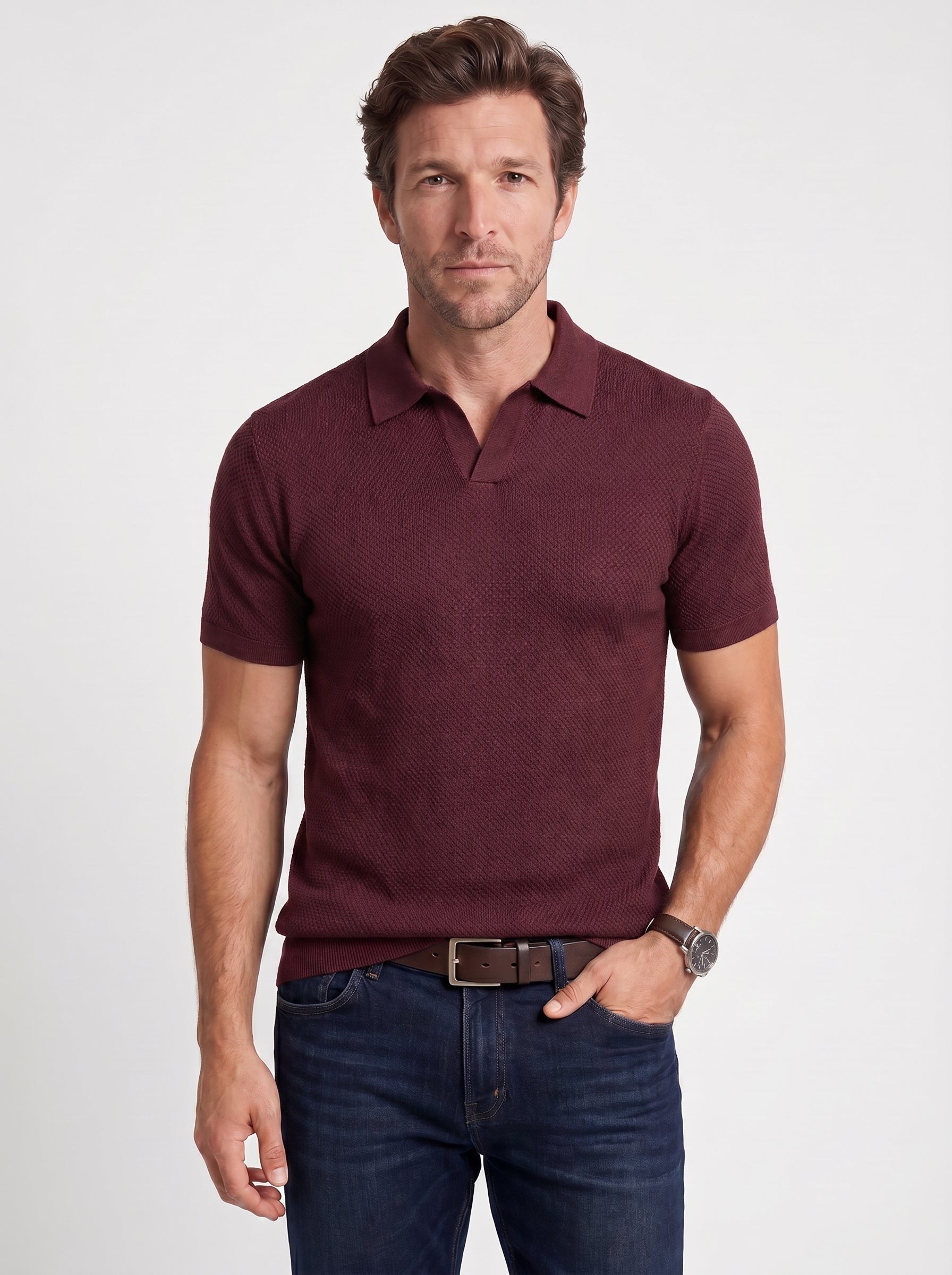 Marko | Stylish Fitted Knit Short Sleeve Polo Shirt with Open Collar