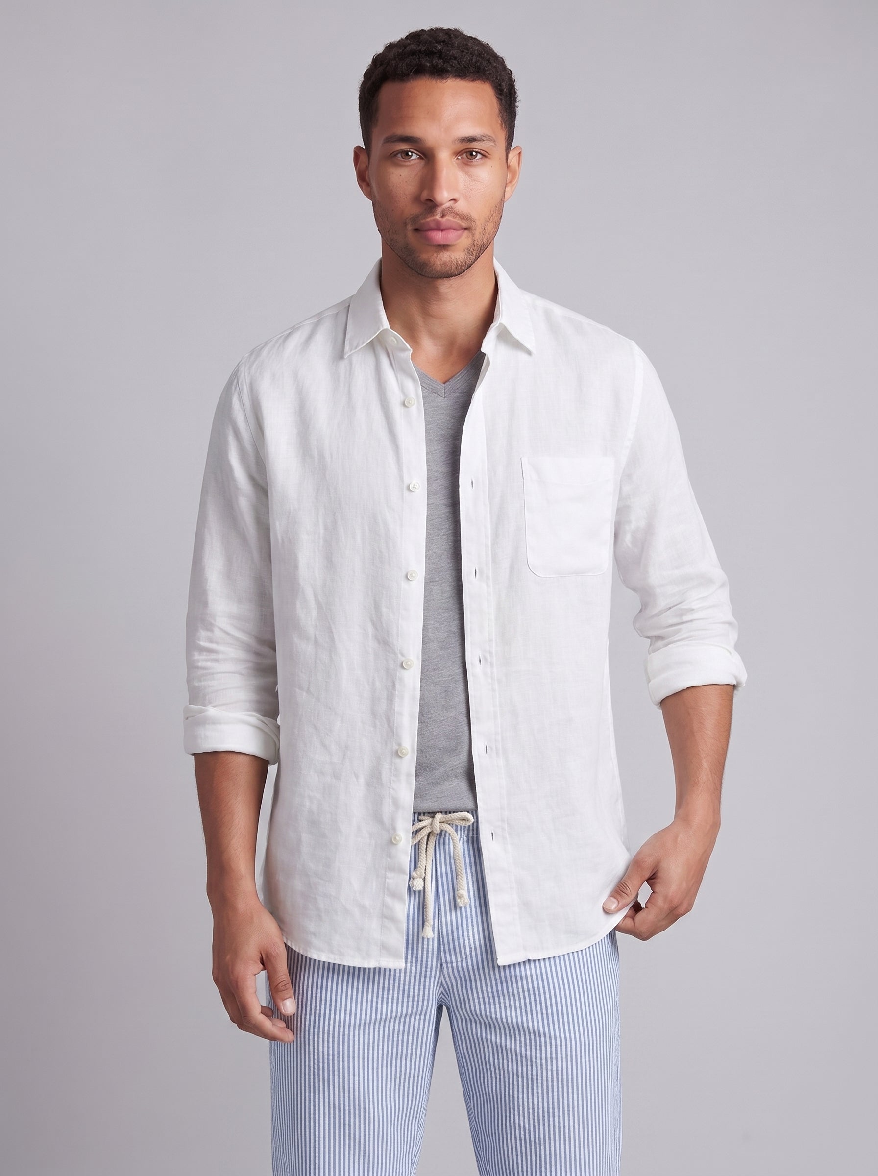 Sam | Breezy Linen Long Sleeve Collared Button Up Shirt with Chest Pocket