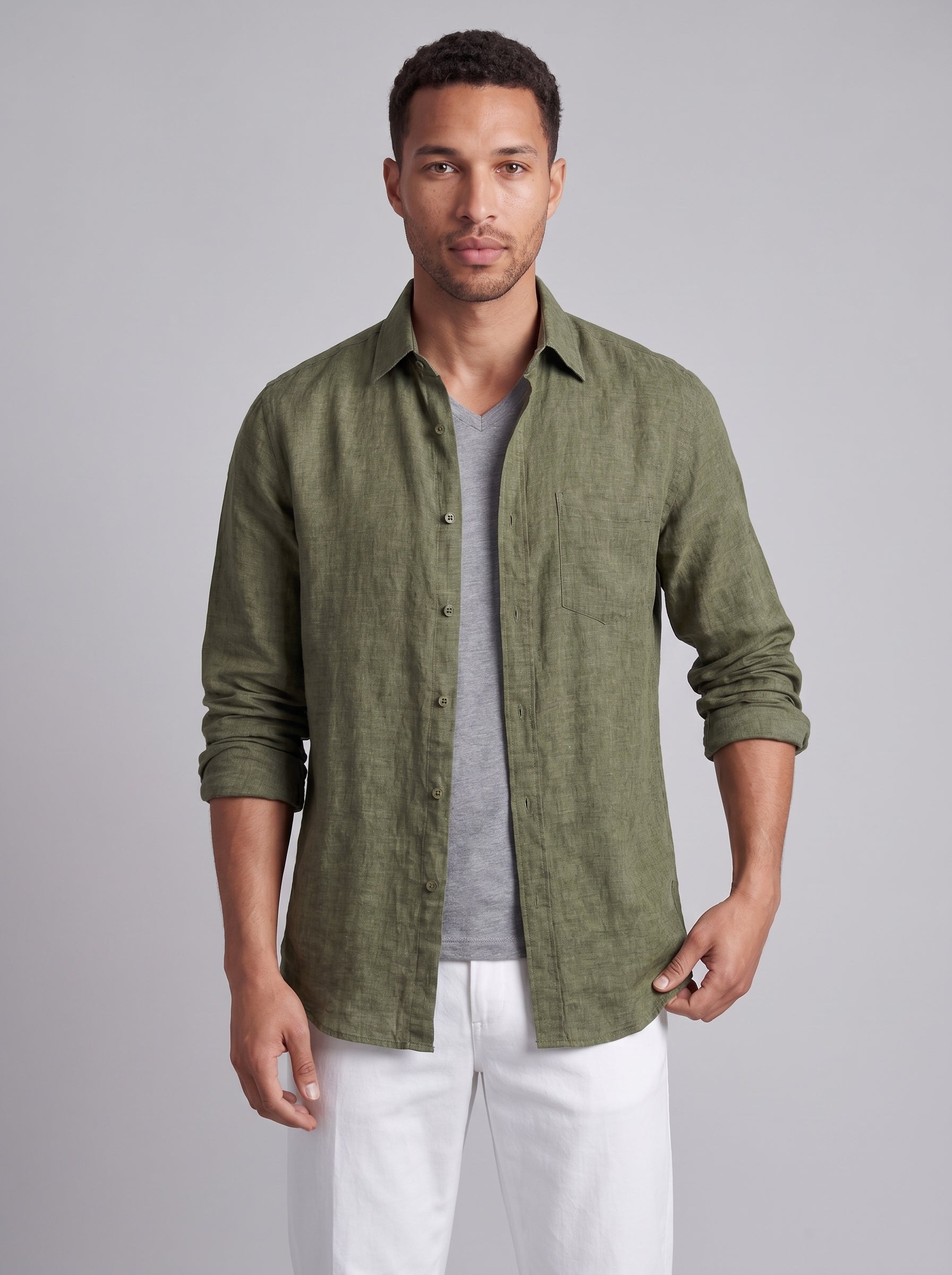 Sam | Breezy Linen Long Sleeve Collared Button Up Shirt with Chest Pocket