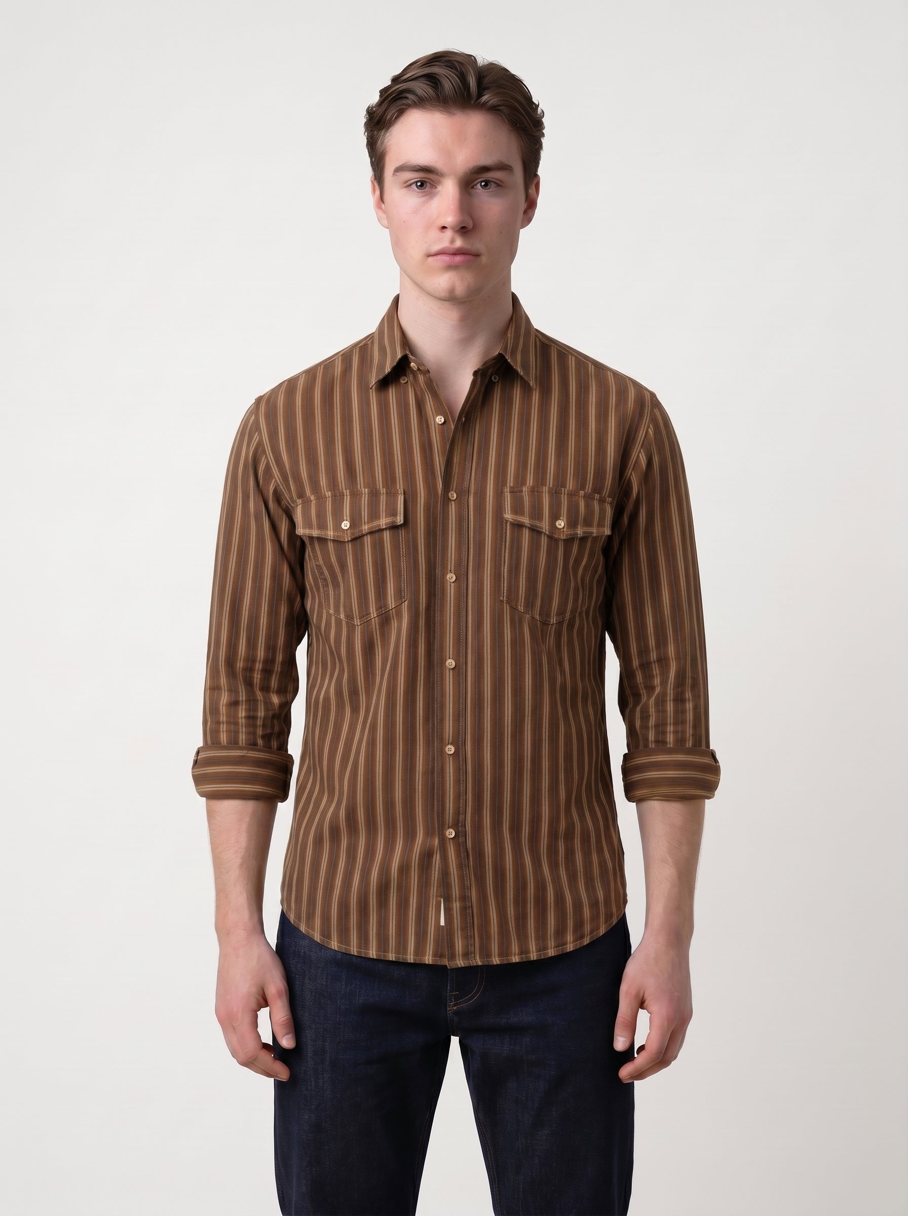 Terry | Loose Striped Button Up Collared Long Sleeve Shirt with Chest Pockets