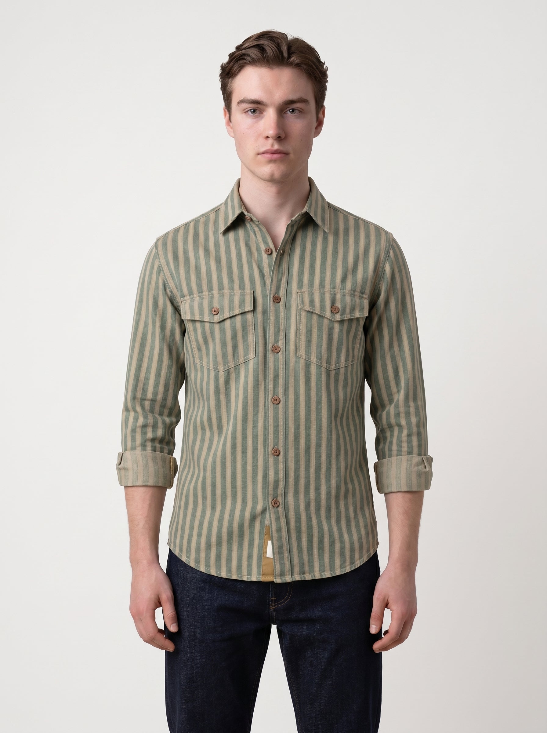 Terry | Loose Striped Button Up Collared Long Sleeve Shirt with Chest Pockets